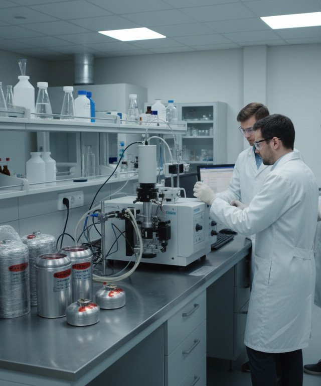 CHEMICAL ELEMENTS quality assurance technician inspecting mercury flask seals in production area